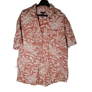 VanHeusen Mens Hawaiian ButtonUp Shirt Orange White Tropical Print XL 17-17 1/2